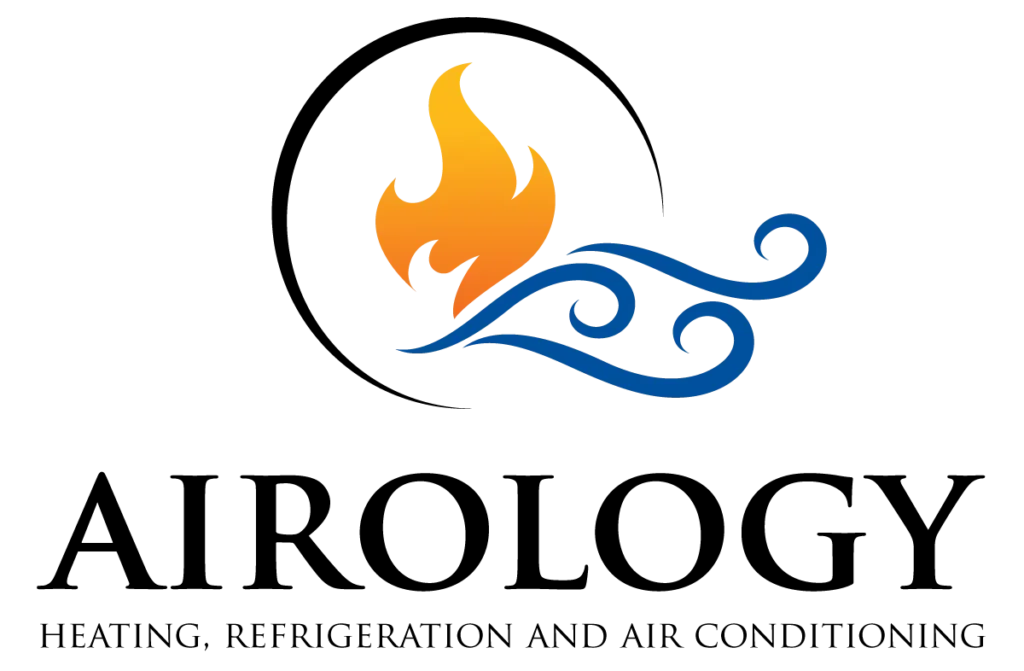 Logo featuring an orange flame above blue swirling wind patterns.