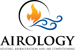 Logo featuring an orange flame above blue swirling wind patterns.